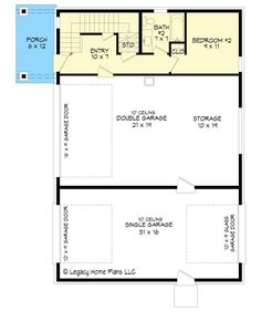 the floor plan for a two story house with an attached garage and living room area