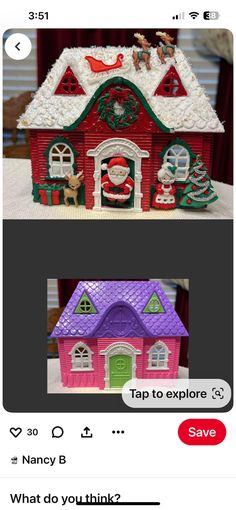 two pictures with the same house in different colors and sizes, one has santa clause on it