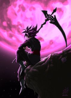 an anime character holding a giant knife on top of a hill with the moon in the background