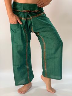 "Unisex Thai fisherman pants. One size fits all. You can wear in many occasions, casual wear, yoga wear, maternity wear, relax at home, travel etc. If you are looking for some pants that you can wear everywhere, comfortable, relax and Easy to wear. Thai fisherman pants is Answer!! Nice gift for yourself or your lover One pocket on the side for storing your items such as wallets, mobile phones, etc Approx. Measurements: One size can fits most and 1 Pockets Measurement Waist 27\" (69 cms) Length 4 Green Casual Cotton Bottoms, Green Harem Pants With Pockets For Loungewear, Relaxation Yoga Pants With Pockets, Cotton Harem Pants For Relaxation, Casual Harem Pants For Relaxation, Casual Green Bottoms For Relaxation, Bohemian Long Pants For Relaxation, Relaxation Cotton Straight Pants, Cotton Straight Pants For Relaxation