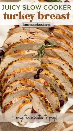 sliced turkey breast on a white plate with olives