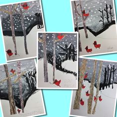 four pictures of trees and birds in the snow, with red cardinals on them