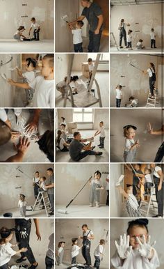 a collage of photos showing people doing different things in the room and on the wall