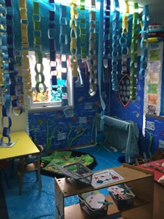 a room filled with lots of different items and decorations on the walls, including bookshelves