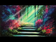 an oil painting of stairs leading up to trees and flowers in the forest with bright lights coming from them