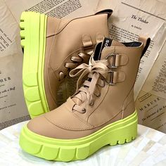 Anthropologie Sorel Caribou Boot Lace Up Beige Tan Leather Lime Rubber Leather * Rubber Sole New Without Box * Size: 37 / 6 Retail Price: $220.00 1.25"Platform *2" Rubber Heel Sorel Caribou Boots, Sorel Caribou, Sorel Womens, Sorel Shoes, Rubber Heels, Lace Boots, Lace Up Boots, Tan Leather, Lime Green