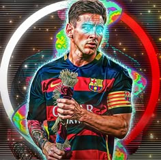 a painting of a soccer player holding a ball in front of a background with circles