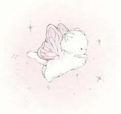 a white teddy bear flying through the air with wings on it's back and stars in the background