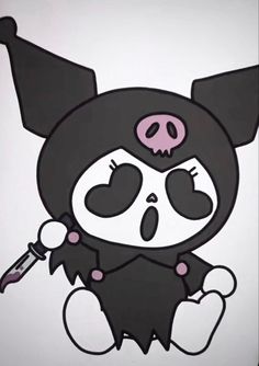 a drawing of a black and white animal with big eyes holding a knife in its mouth