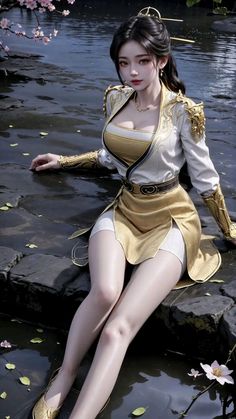 a woman sitting on the edge of a body of water wearing a dress and gold shoes