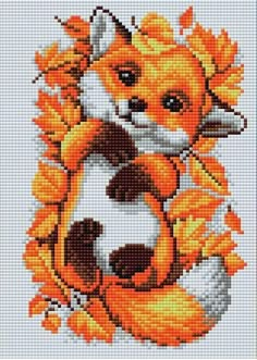 a cross stitch pattern with an orange fox holding a white ball