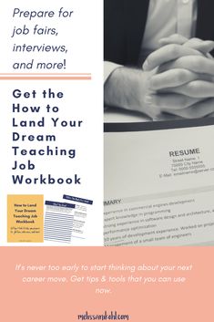 a person sitting at a desk in front of a computer with the words how to land your dream teaching job workbook