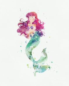 a watercolor painting of a mermaid with pink hair and green tail sitting on top of a