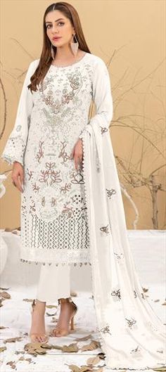 White and Off White color Salwar Kameez in Faux Georgette fabric with Embroidered, Sequence, Thread work White Chikankari Embroidered Lawn Suit For Party, White Lawn Suit With Resham Embroidery For Party, White Bollywood Lawn Suit For Festive Occasions, White Traditional Wear With Lace Work For Party, Festive White Lawn Suit With Dabka Work, Traditional White Embroidered Fabric For Formal Occasions, White Lawn Suit With Dupatta For Party, White Lawn Suit For Festive Occasions, Festive White Unstitched Suit With Lace Work