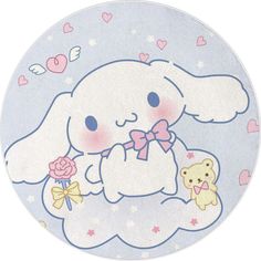 a white rabbit holding a pink rose on top of a cloud