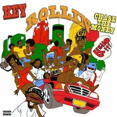 the album cover art for brollin's chase the money, which features an image of people on a red car