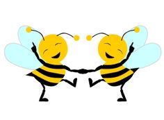 two yellow and black bees facing each other with their arms in the air, touching hands