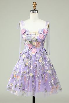 Zapaka Women Purple Corset A-Line Short Homecoming Dress with 3D Flowers Spaghetti Straps Party Dress – ZAPAKA Lavender Homecoming Dress, Party Dress Purple, Dress With 3d Flowers, Purple Corset, Mini Homecoming Dresses, Blue Corset, Dress Up Day, Chic Gowns, Short Homecoming Dress