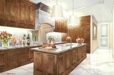 a drawing of a kitchen with wooden cabinets and marble counter tops, an island in the center