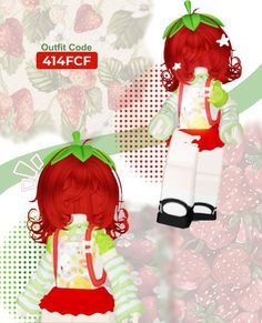 a girl with red hair and glasses standing next to strawberries on a white background