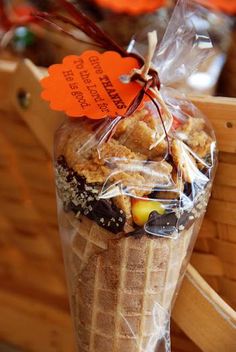 a bag filled with lots of food sitting on top of a table