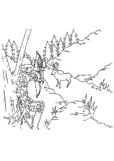 a black and white drawing of a person on a horse in the woods with trees