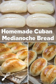 homemade cuban mediannoche bread is shown in three different photos and then on the table