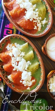 three bowls filled with food sitting on top of a table next to some green peppers