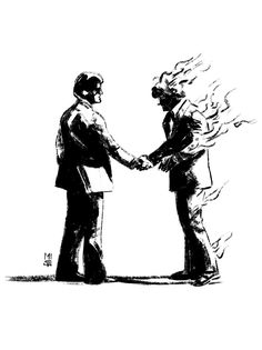 two men shaking hands with fire coming out of their mouths, in black and white