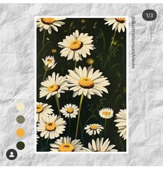 an image of white daisies with yellow centers on a crumpled paper background, surrounded by color swatches