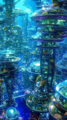 the underwater city is surrounded by many different types of objects and sizes, including glass domes