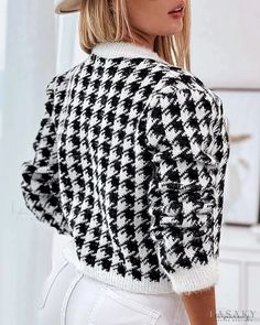 Lasaky - Houndstooth Buttoned Cardigan Black Houndstooth Cardigan For Winter, Black Houndstooth Winter Cardigan, Long Sleeve Houndstooth Cardigan For Winter, Winter Houndstooth Long Sleeve Cardigan, Long Sleeve Houndstooth Pattern Winter Cardigan, Winter Long Sleeve Houndstooth Cardigan, Casual Houndstooth Pattern Sweater For Fall, Casual Houndstooth Sweater For Fall, Trendy Houndstooth Sweater For Winter