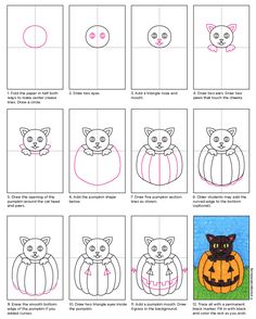 how to draw halloween pumpkins with cats in the middle and on top, as well as