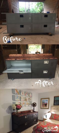 before and after photos of an old dresser in the process of remodeling