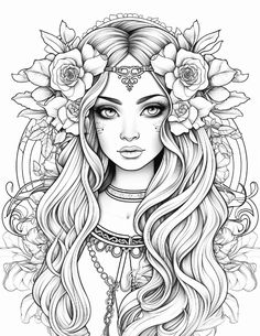 a girl with long hair and flowers on her head is shown in black and white