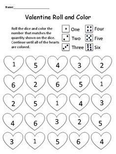 valentine roll and color worksheet for kids to practice numbers 1 - 5 with hearts