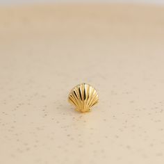 a small gold shell sitting on top of a table