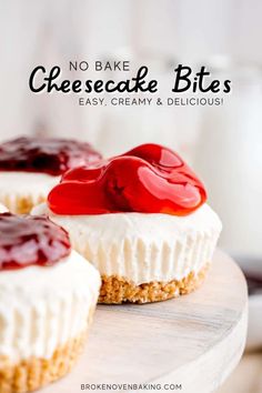 no bake cheesecake bites with cherry sauce on top