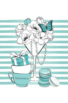 a blue and white striped background with flowers in a vase, teacup, and cookies