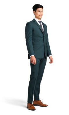 A slim hunter green suit with two buttons and a notch lapel. Fitted Dark Green Business Suit, Classic Dark Green Semi-formal Suits, Formal Dark Green Blazer With Notch Lapel, Green Suit With Suit Collar, Tailored Dark Green Blazer For Business, Tailored Dark Green Business Suit, Elegant Tailored Dark Green Suit, Classic Green Three-piece Suit Single Breasted, Tailored Dark Green Blazer For Semi-formal Occasions