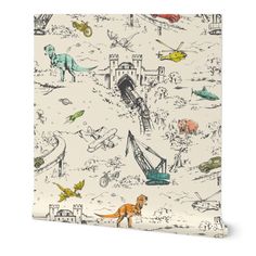 a wallpaper with dinosaurs and other animals on it's back side, in white