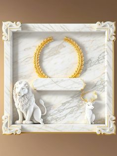 two white and gold lion figurines sitting in a marble box with a golden wreath on top