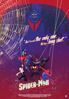 the poster for spider - man into the spider verse, which features two men swinging on strings