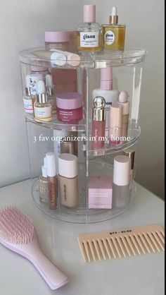 pink Skin Care Organizer, Skincare Shelf, Rotating Makeup Organizer, Rangement Makeup, Skincare Inspiration, Skincare Organization, Pretty Skin Care, Storage Display, Skin Care Items