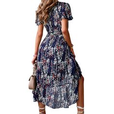 Navy Blue Tie Waist Short Sleeve High Low Floral Dress Casual Blue V-neck Dress With Floral Print, Blue Floral Print V-neck Dress, Blue Printed V-neck Boho Dress, Bohemian Blue V-neck Floral Dress, Elegant Blue Floral Print V-neck Dress, Floral High Low Dress, Navy Blue Tie, Tie Waist Shorts, Dresses Floral