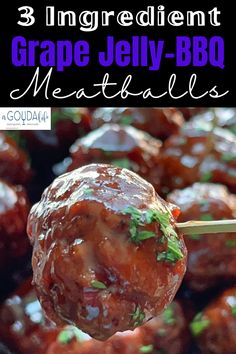 an image of grape jelly bbq meatballs on a stick with text overlay