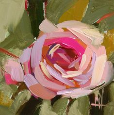 a painting of a pink rose with green leaves