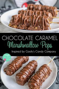 chocolate caramel marshmallow pops on a white plate