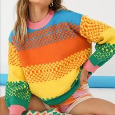 Make A Statement With This Colorful Chunky Knit Sweater - The Perfect Transition Piece From Winter To Spring! Green Color Block Knit Sweater, Color Block Acrylic Crew Neck Sweater, Trendy Multicolor Crew Neck Cropped Sweater, Acrylic Color Block Crew Neck Sweater, Cozy Color Block Crew Neck Sweater, Trendy Multicolor Cropped Sweater With Crew Neck, Trendy Colorful Winter Tops, Trendy Multicolor Winter Sweater, Colorful Trendy Winter Tops