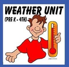 a cartoon boy holding a thermometer in front of a sign that says weather unit